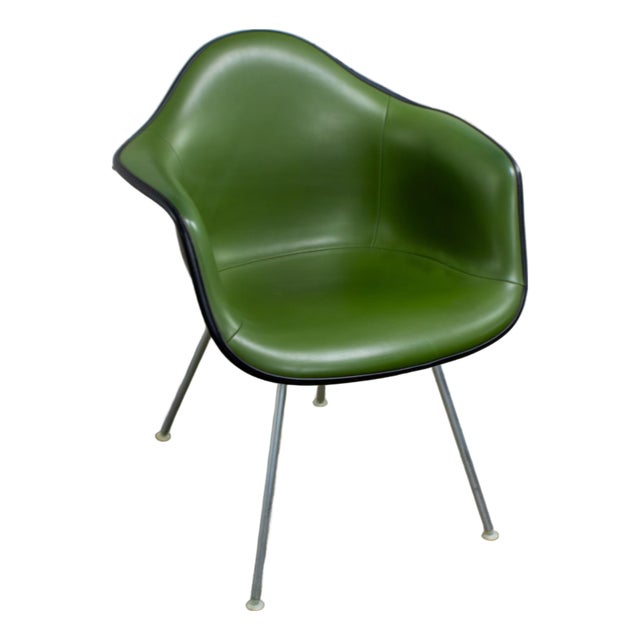 1971 MCM Eames Herman Miller Molded Fiberglass Shell Armchair Upholstered Green Naugahyde Galvanized H Base For Sale