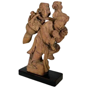 Antique Hand-Carved Wood Statue of Young Girl With Basket, 19th Century, China