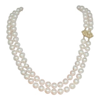 Diamond Akoya Pearl 14 Karat 2-Strand Necklace Certified For Sale