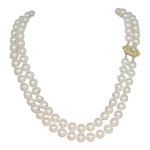 Diamond Akoya Pearl 14 Karat 2-Strand Necklace Certified