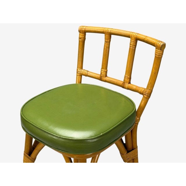 Dutch Modern, Bamboo, Green Leather, Three Barstools, Netherlands, 1970s For Sale - Image 9 of 13