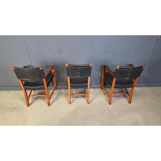 Black Vintage Spanish Leather and Wood Dining Chairs, 1970s, Set of 6 For Sale - Image 8 of 16