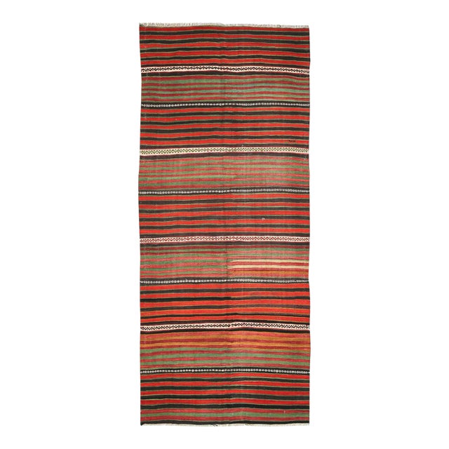 Mid 20th Century Red & Green Striped Vintage Kilim Rug For Sale