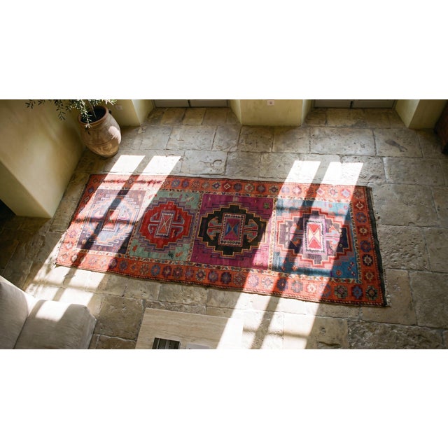 Happy Jewel Tones Multicolored Tribal Geometric Antique Rustic Turkish Yuruk Rug For Sale - Image 11 of 12