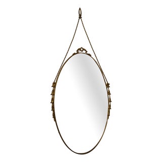 Oval Brass Wall Mirror with Neoclassical Decoration and Brass Chain, 1950s For Sale
