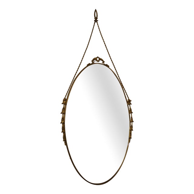 Oval Brass Wall Mirror with Neoclassical Decoration and Brass Chain, 1950s For Sale