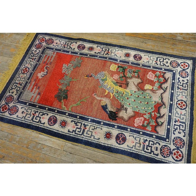 Chinese Extraordinary Ruby Red Background Color With Floral and Peacock Design Vintage Chinese Silk Rug For Sale - Image 3 of 12