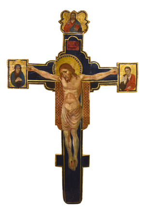 Tuscan Medieval Style Crucifix in Tempera and Oil on Wood, 19th Century