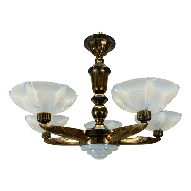 Art Deco Bronze and Opalescent Glass Six-Light Chandelier attributed to Ezan, France For Sale