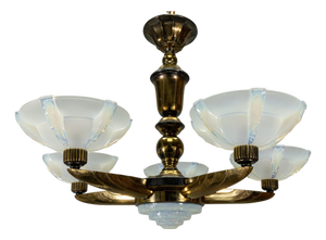 Art Deco Bronze and Opalescent Glass Six-Light Chandelier attributed to Ezan, France