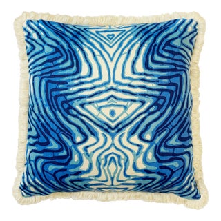 Artisan “Wavelength” Ultramarine Sustainably Handprinted on Hemp/Cotton Twill Pillow Cover - For Sale