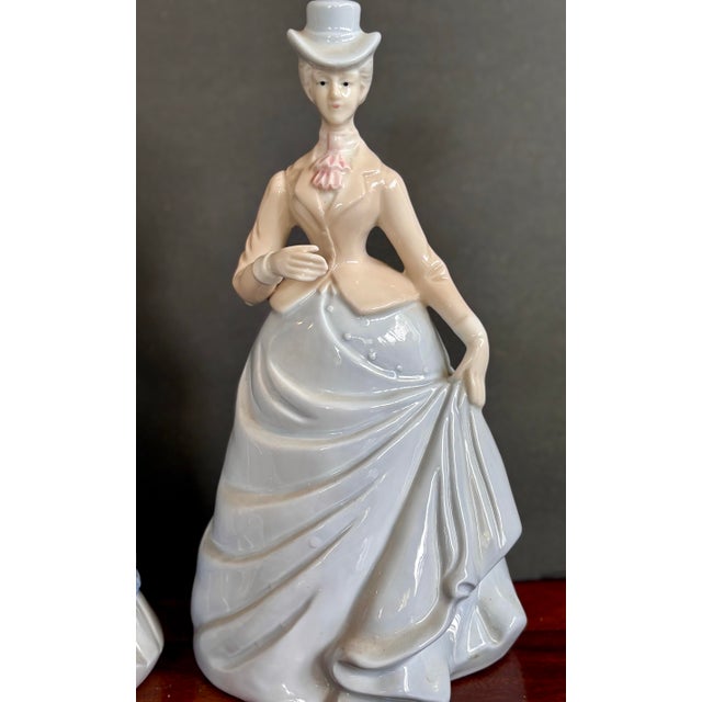 Pair of Vintage Victorian Lady Porcelain Figurines in Blue Gowns, 9.5” Tall For Sale - Image 4 of 8