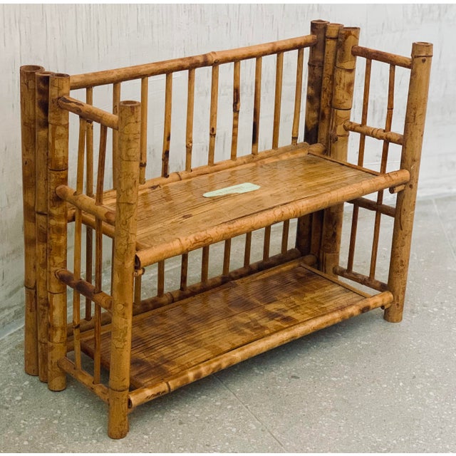 Vintage 1970’s 'Scorched Tortoise' Bamboo, Rattan Petite Folding 2-Tier Etagère For Sale - Image 4 of 12