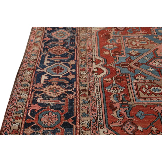 Antique Serapi Red Handmade Medallion Floral Wool Rug For Sale In New York - Image 6 of 8