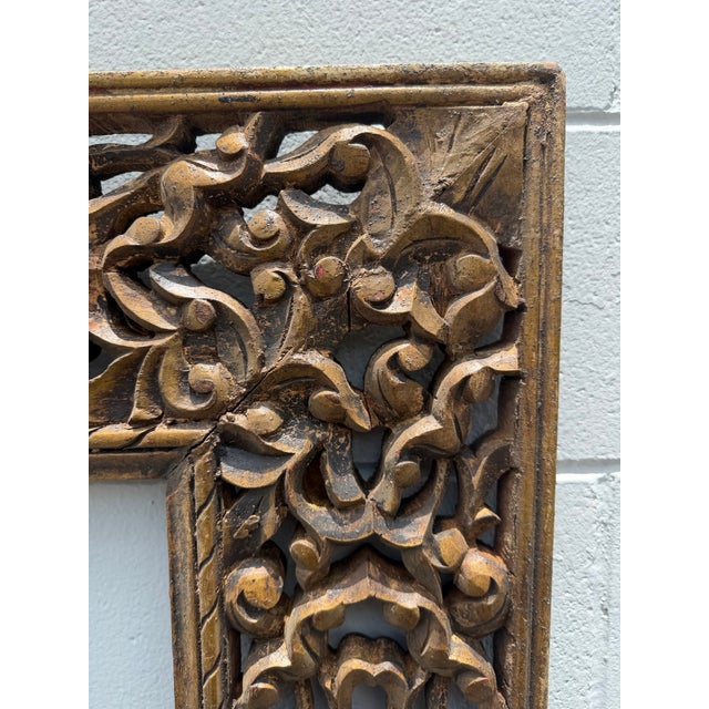 Large Ornate Vintage Hand-Carved & Gilded Indian Wood Mirror or Picture Frame For Sale - Image 4 of 9