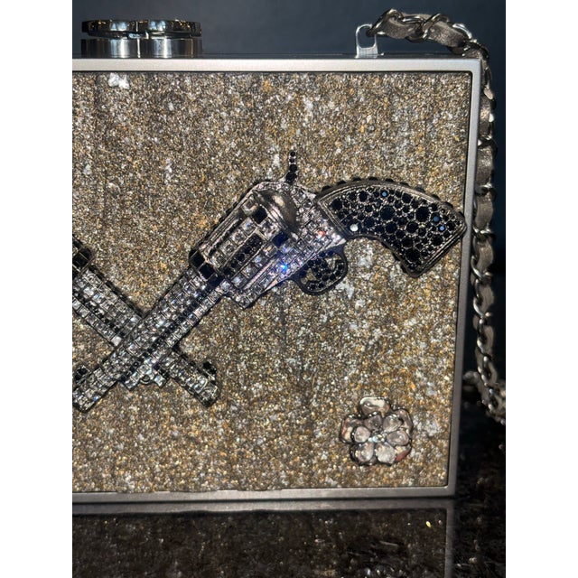 Dark Gray Chanel Pewter Swarovski Crossed Pistols--Limited Edition Paris-Dallas Runway For Sale - Image 8 of 12