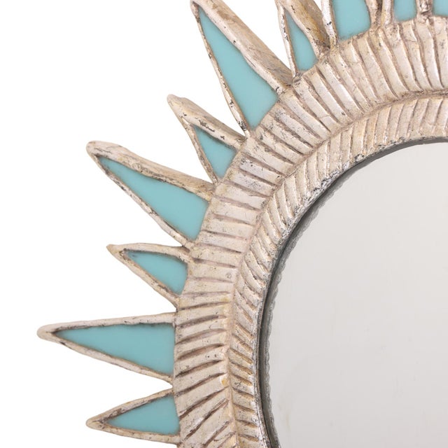 Turquoise Resin and Silver Leaf Convex Mirror in the Manner of Line Vautrin For Sale In Philadelphia - Image 6 of 7