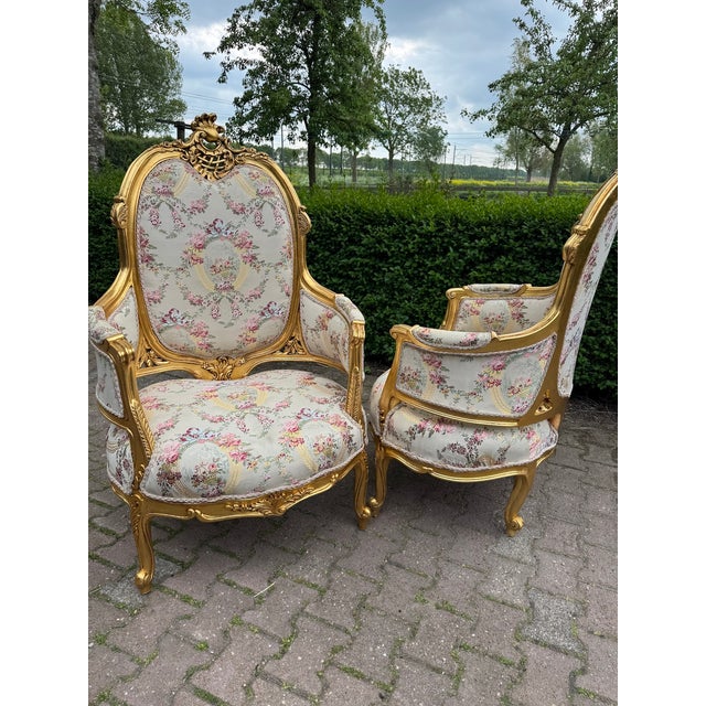 Wood 1970 French Louis XVI Gold Beech Damask Sofa Set - 3 PCS For Sale - Image 7 of 18