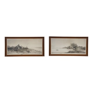 Late 19th Century 2 Antique h.b. Harte Lake Fishing Cottage Landscape Etchings Pair 23", Framed For Sale