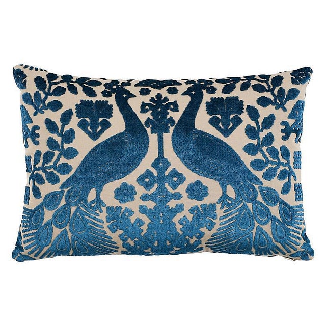 2020s Schumacher Pavone Velvet 20" Lumbar Pillow in Peacock & Sand For Sale - Image 5 of 5