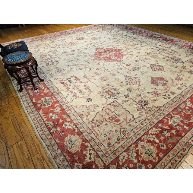 Early 20th Century Antique Turkish Oushak Rug, Hand-Knotted Wool, Allover Geometric Pattern, Tan & Red, 14' X 15' For Sale - Image 5 of 18