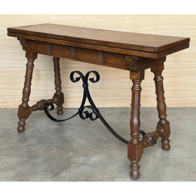 20th Century Spanish Console Fold Out Farm Table with Wood Stretcher For Sale - Image 16 of 18