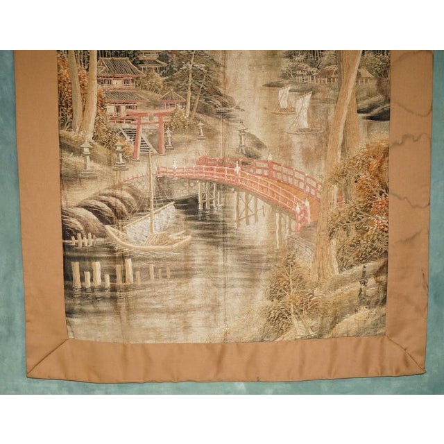 Monumental Japanese Meiji Period Hand-Embroidered Silk Landscape, circa 1880–1900 An exceptional and unusually large...