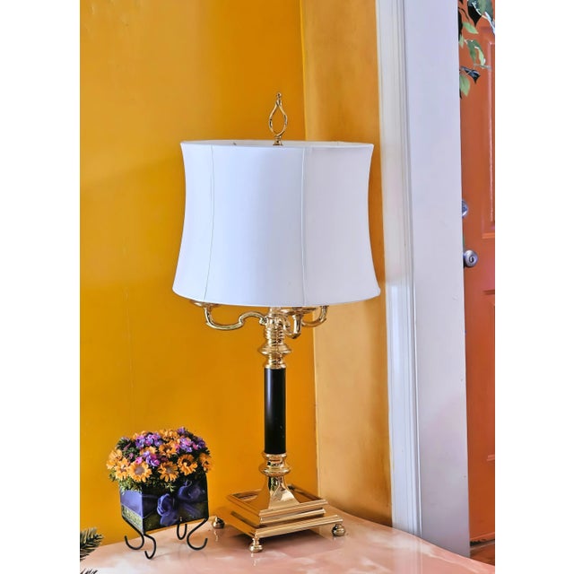 Elegant high quality bouillotte lamp with white fabric shade 3 "candelabras" and dual lights Would look great sitting on a...