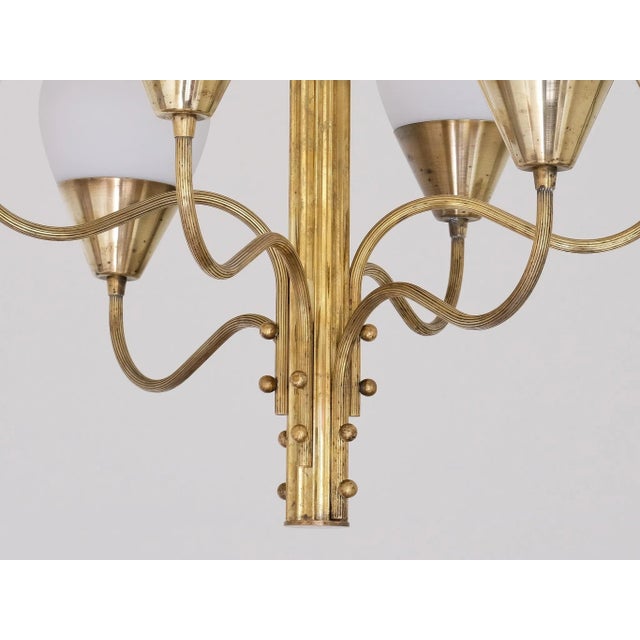 1950s Six Arm Chandelier in Brass and Opal Glass by Edvard Hagman, Sweden, 1956 For Sale - Image 5 of 12