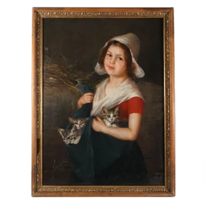 Portrait of a Girl & Kittens, German Oil Painting Signed Karl August Schlegel