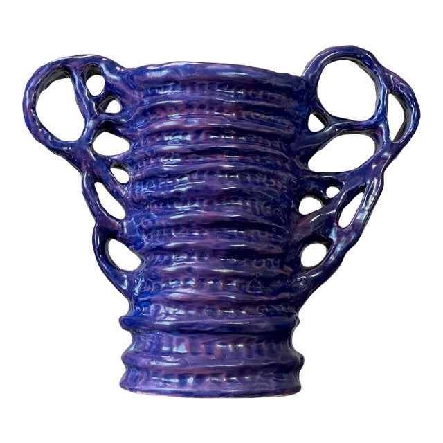 1980s Vintage George Ohr Style Abstract Handled Purple Vase, Signed For Sale