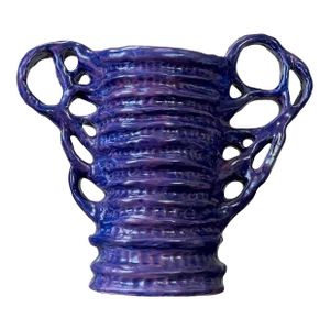 1980s Vintage George Ohr Style Abstract Handled Purple Vase, Signed