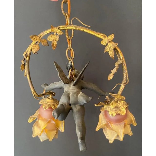 French Art Nouveau Bonze Flying Putto Cherub & Lalique Frosted Glass Tulip Shades For Sale - Image 10 of 11
