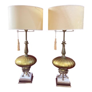 Pair of 1950s Regency Lamp Falkenstein Ormolu Glass Marble Table Lamps For Sale