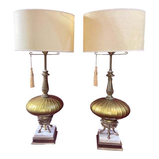 Pair of 1950s Regency Lamp Falkenstein Ormolu Glass Marble Table Lamps For Sale
