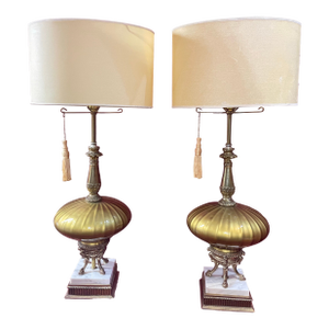 Pair of 1950s Regency Lamp Falkenstein Ormolu Glass Marble Table Lamps