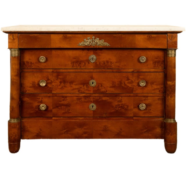 A fine, elegant antique French Empire burl walnut and ormolu mounted & white marble top commode, chest of drawers, in the...