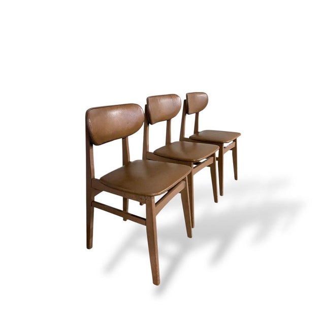 Brown Dining Chairs in Teak and Vinyl, Set of 3 For Sale - Image 8 of 9