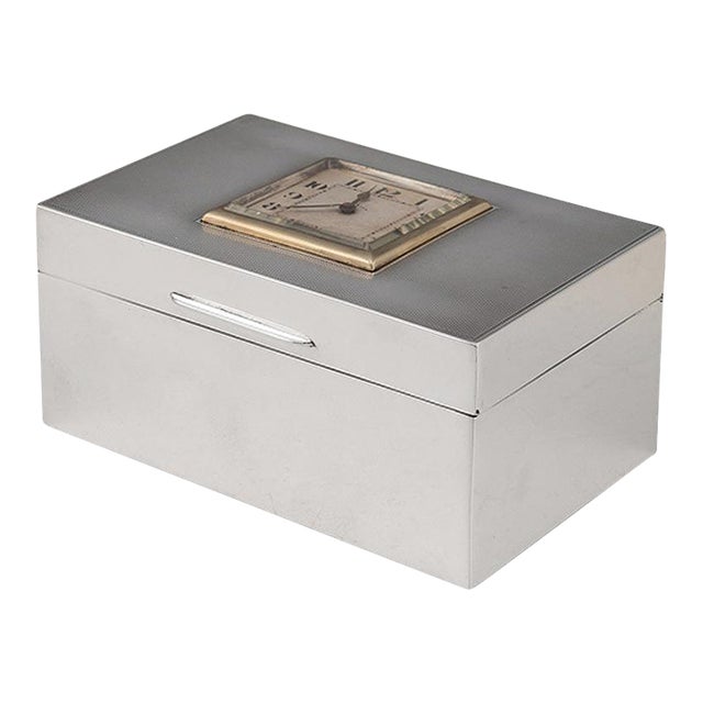 20th Century English Art Deco Solid Silver Cigarette Box with Clock, London, 1920s For Sale