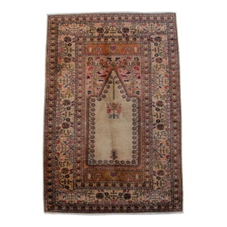 Vintage Hand-Knotted Turkish Rug Prayer Rug Super Fine Wool Rug Wall Decor Religious Tapestry 3x5 Ft Approx For Sale