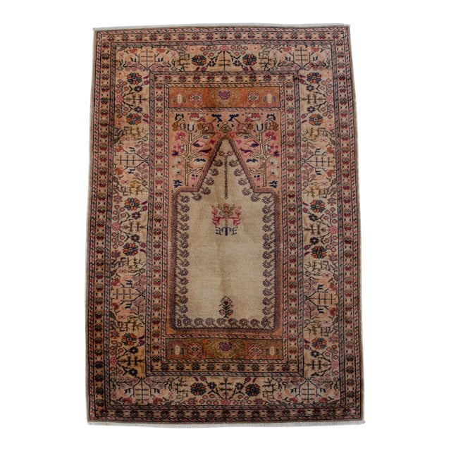 Vintage Hand-Knotted Turkish Rug Prayer Rug Super Fine Wool Rug Wall Decor Religious Tapestry 3x5 Ft Approx For Sale