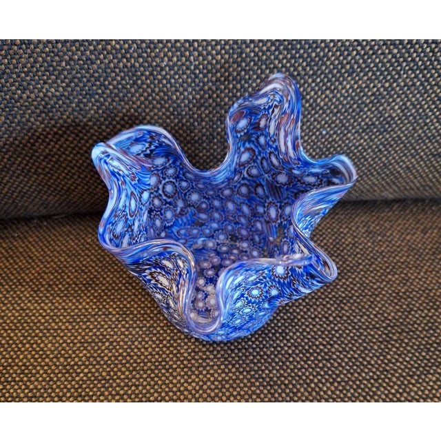 Vintage Italian Fazzoletto Vase in Blue Murano Glass with Individual Murrines, 1970s For Sale - Image 3 of 6