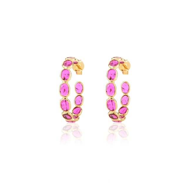 18k Solid Yellow Gold Oval Cut Ruby C-Hoops Earrings - 2 Pieces For Sale - Image 4 of 7