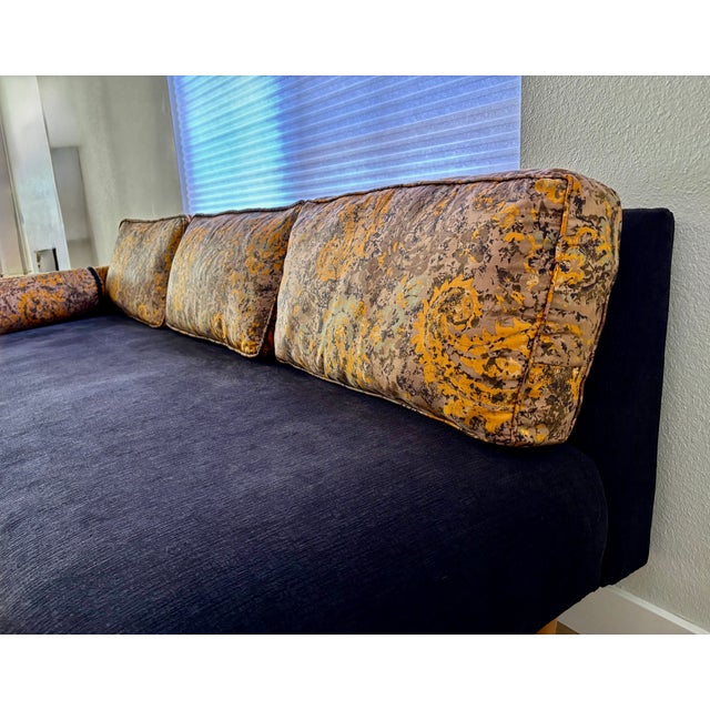 1960s 1960's MCM Sofa - Reupholstered in a Luxuriously Soft Black Chenille and a Burnt Orange/Tan/Brown Paisley Cotton Fabric For Sale - Image 5 of 11