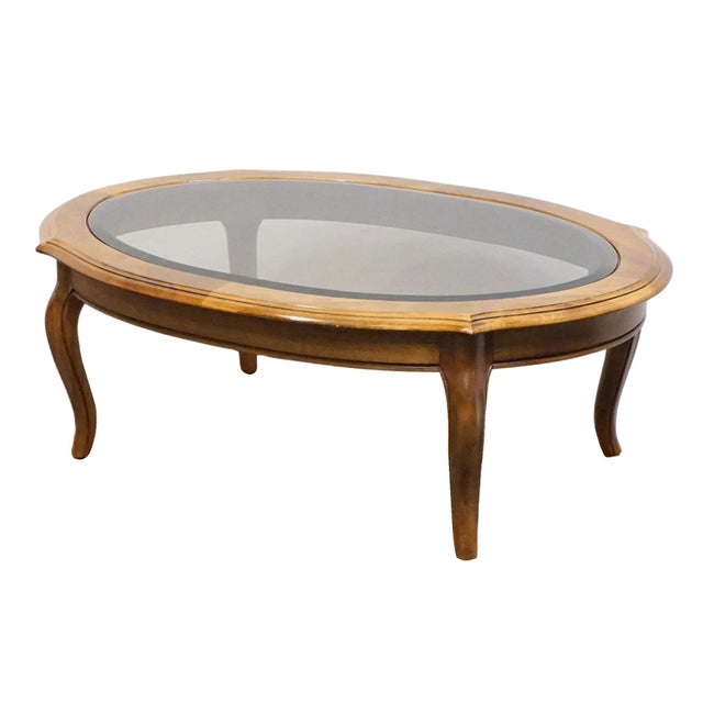 ETHAN ALLEN Country French Collection Solid Birch 48" Accent Oval Coffee Table w. Amber Glass Top 26-8301 17" High 48"...