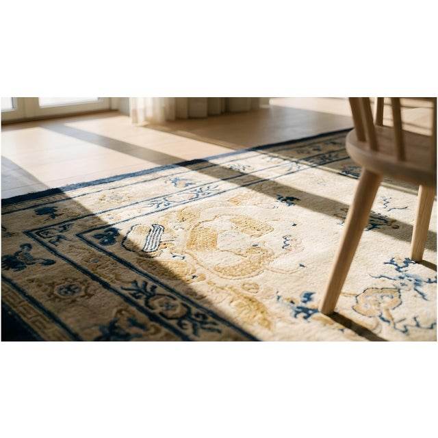 Awesome Beige Background With Small Vases in a Floral Design Antique Chinese Peking Rug For Sale - Image 14 of 14