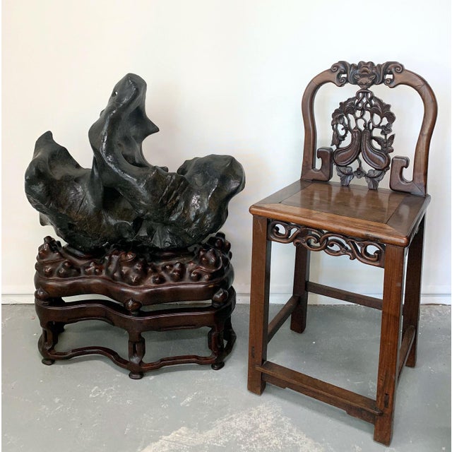 Wood Large Spectacular Chinese Lingbi Scholar Stone on Stand For Sale - Image 7 of 18