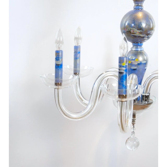 Monet Water Lilies Blue / Silvered Decoupage Glass Chandelier For Sale In New York - Image 6 of 12