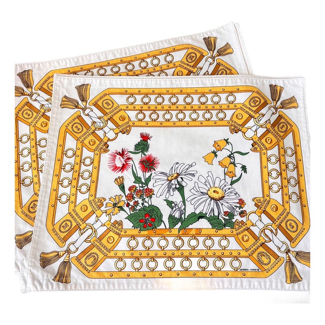 Rare vintage Hermes Paris placemats from 1979 // set of 6 cotton placemats // equestrian motif // horses // collectible luxury homegoods For Sale