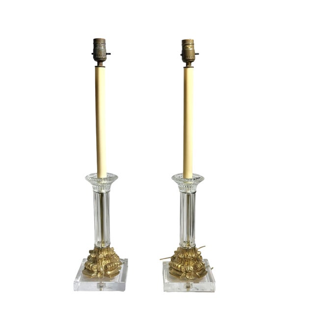 Vintage Fluted Glass Corinthian Column Lamps With Lucite Bases - a Pair For Sale - Image 4 of 18
